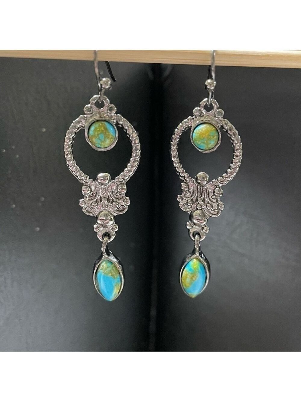 Earrings Dangle Metal With Faux Turquoise